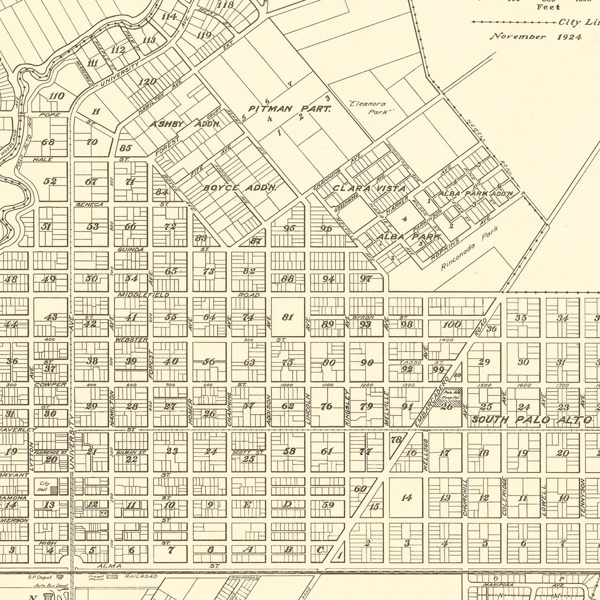 Restored historic details from the 1924 city map of Palo Alto, California