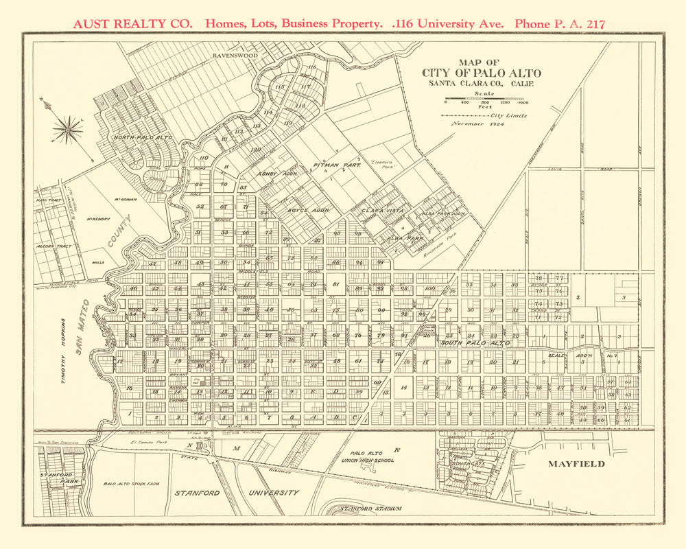 Vintage Map of Palo Alto, California 1924 print style example