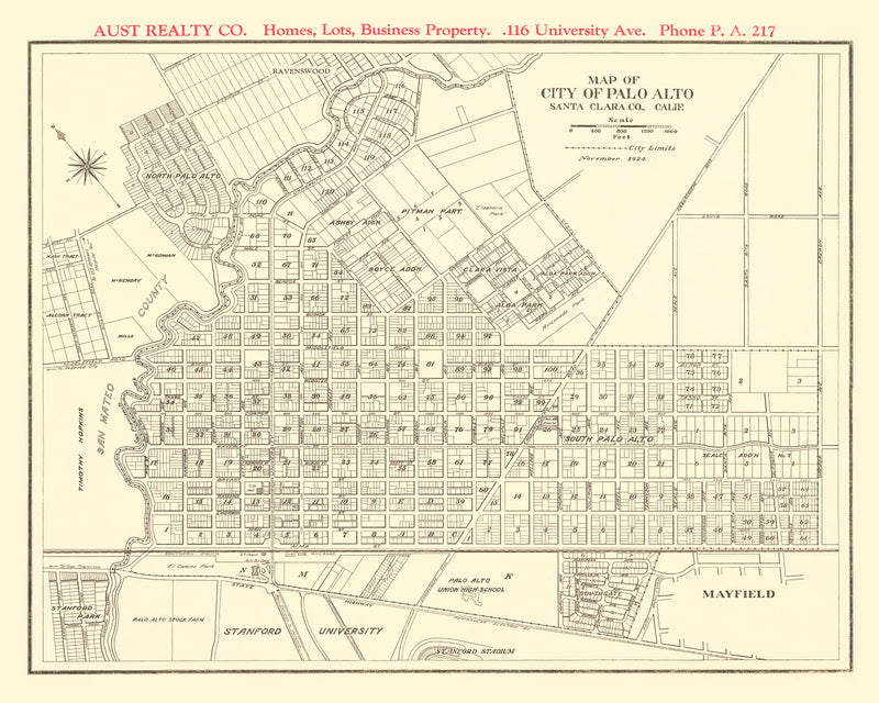 Size comparison using Vintage Map of Palo Alto, California 1924