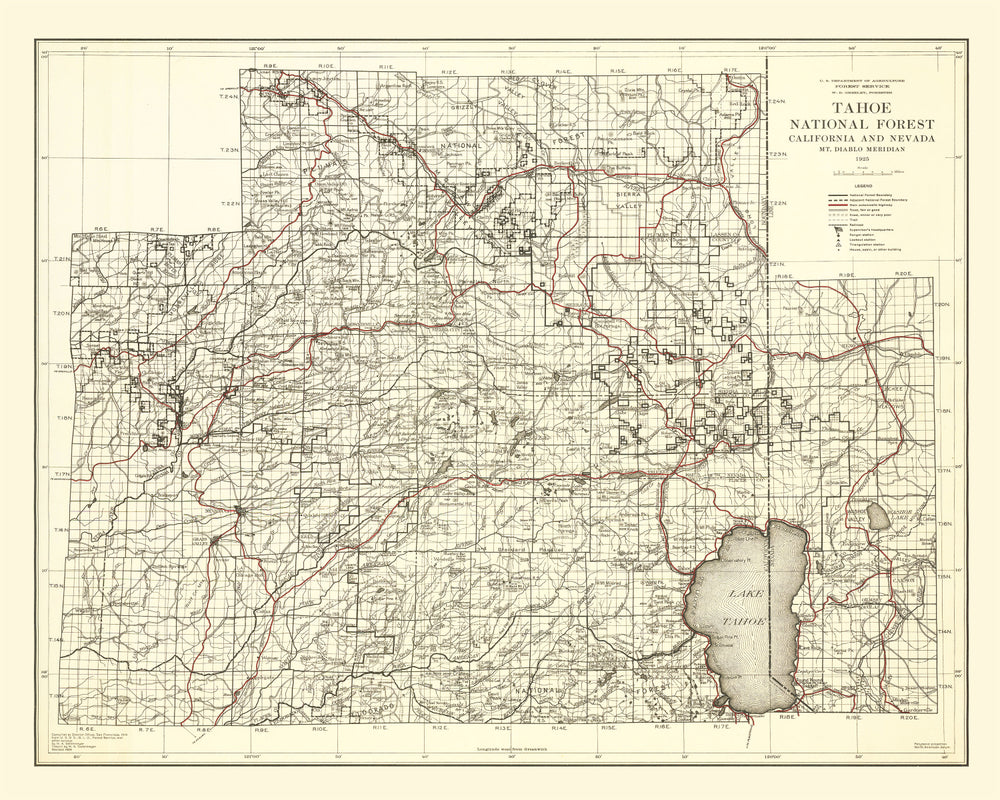 Vintage Map of Tahoe National Forest 1925 print style example