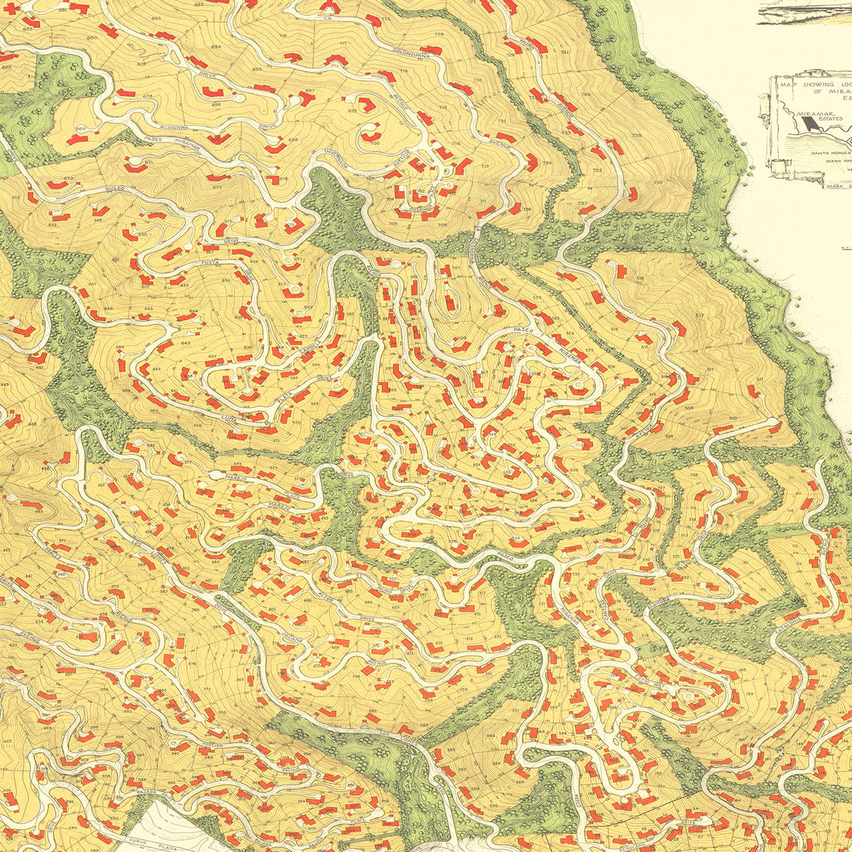 Restored historic details from the 1926 city map of Pacific Palisades, California