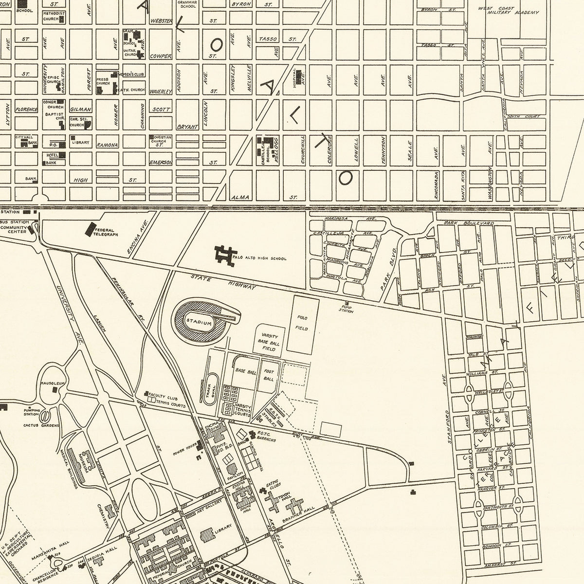 Restored historic details from the 1928 university map of Stanford, California