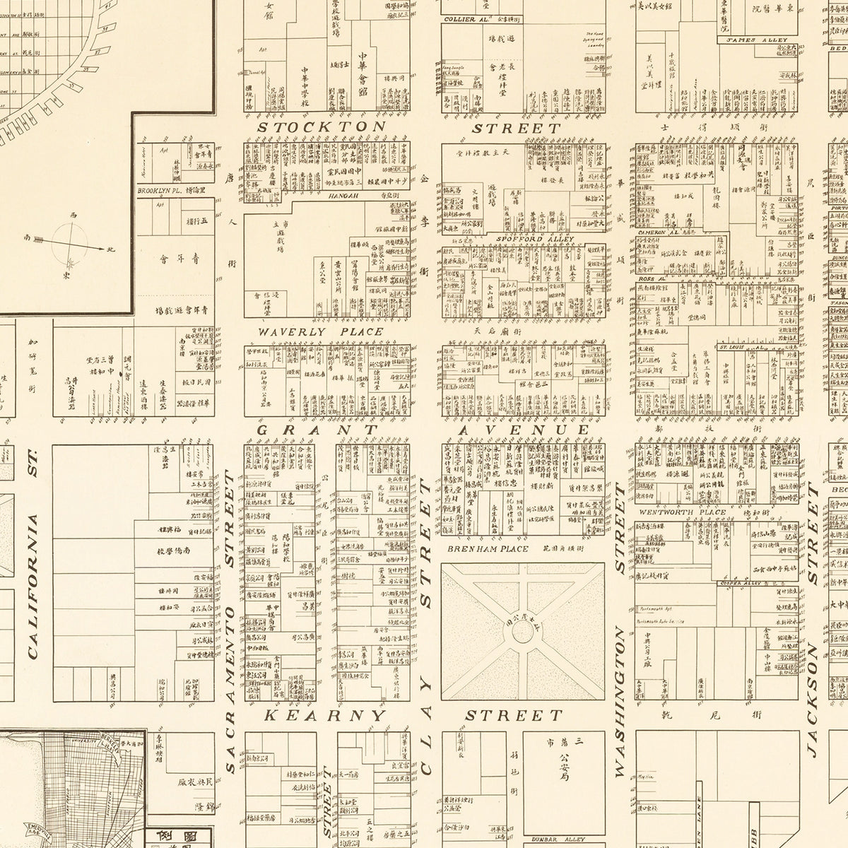 Restored historic details from the 1929 city map of San Francisco's China Town, California