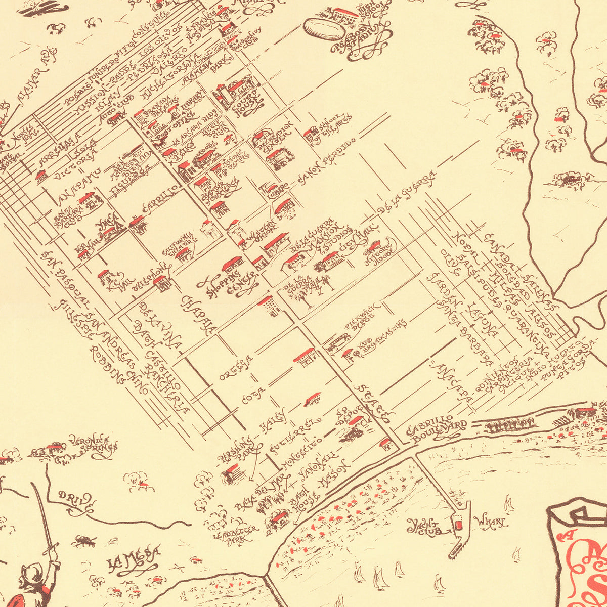 Restored historic details from the 1930 city map of Santa Barbara, California