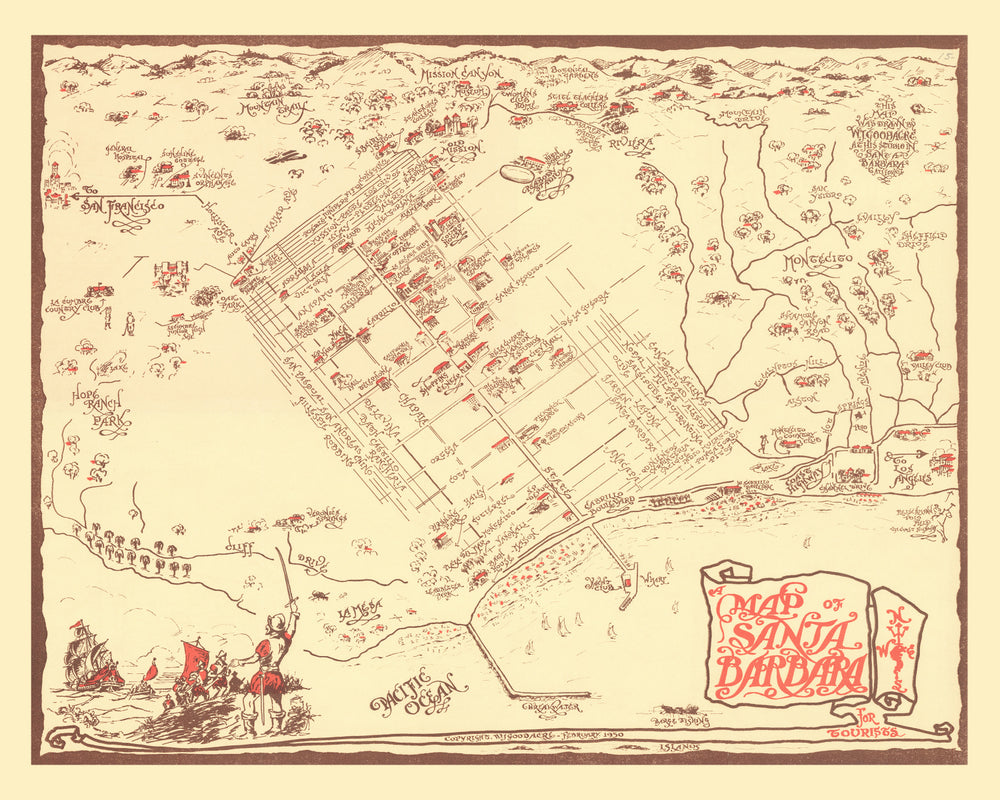 Vintage Map of Santa Barbara, California 1930 print style example