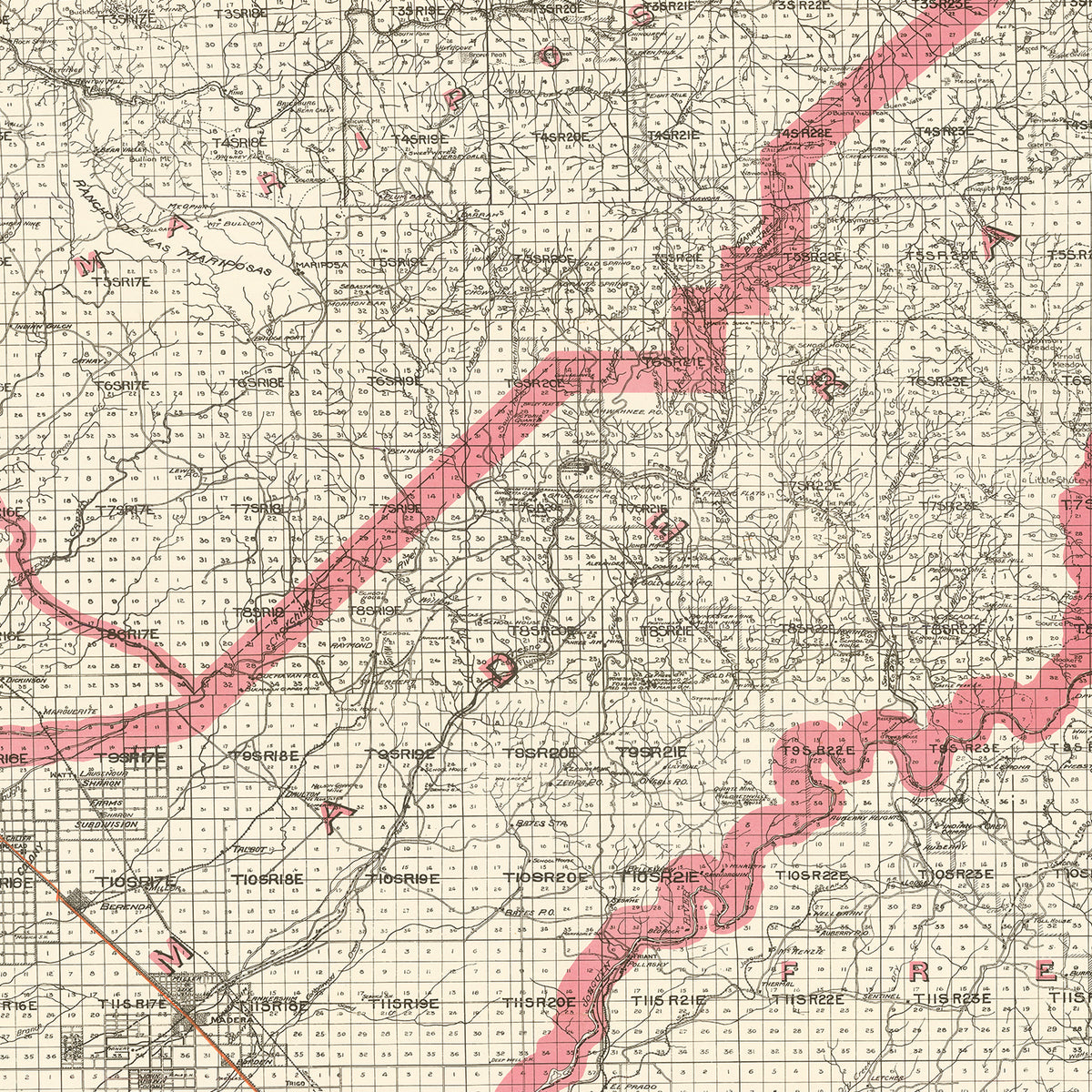 Restored historic details from the 1914 county map of Madera County, California