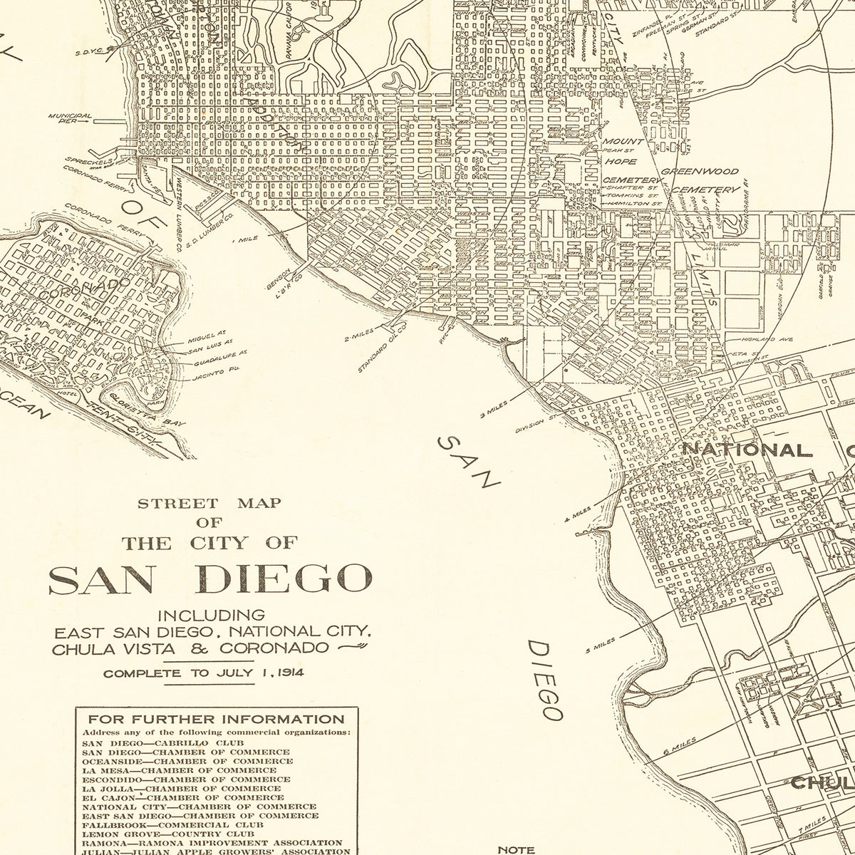 Restored historic details from the 1914 city map of San Diego, California