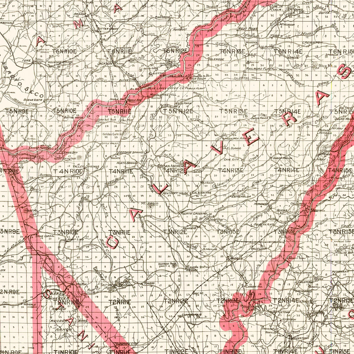 Restored historic details from the 1914 county map of Calaveras County, California