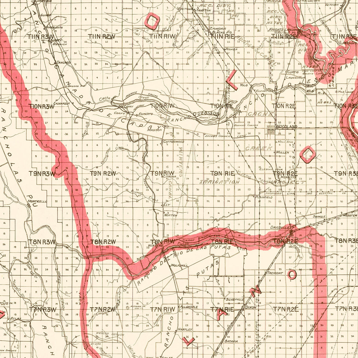 Restored historic details from the 1914 county map of Yolo County, California