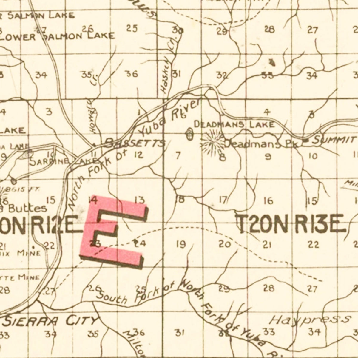 Restored historic details from the 1914 county map of Sierra County, California
