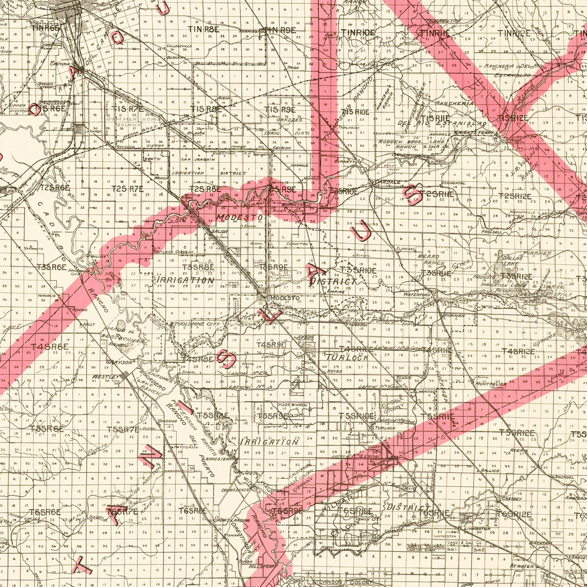 Restored historic details from the 1914 county map of Stanislaus County, California