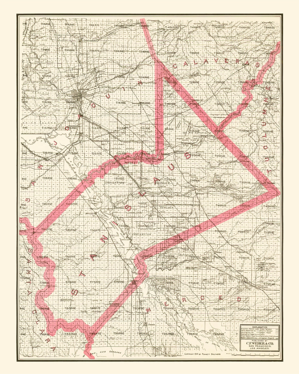 Vintage Map of Stanislaus County, California 1914 print style example
