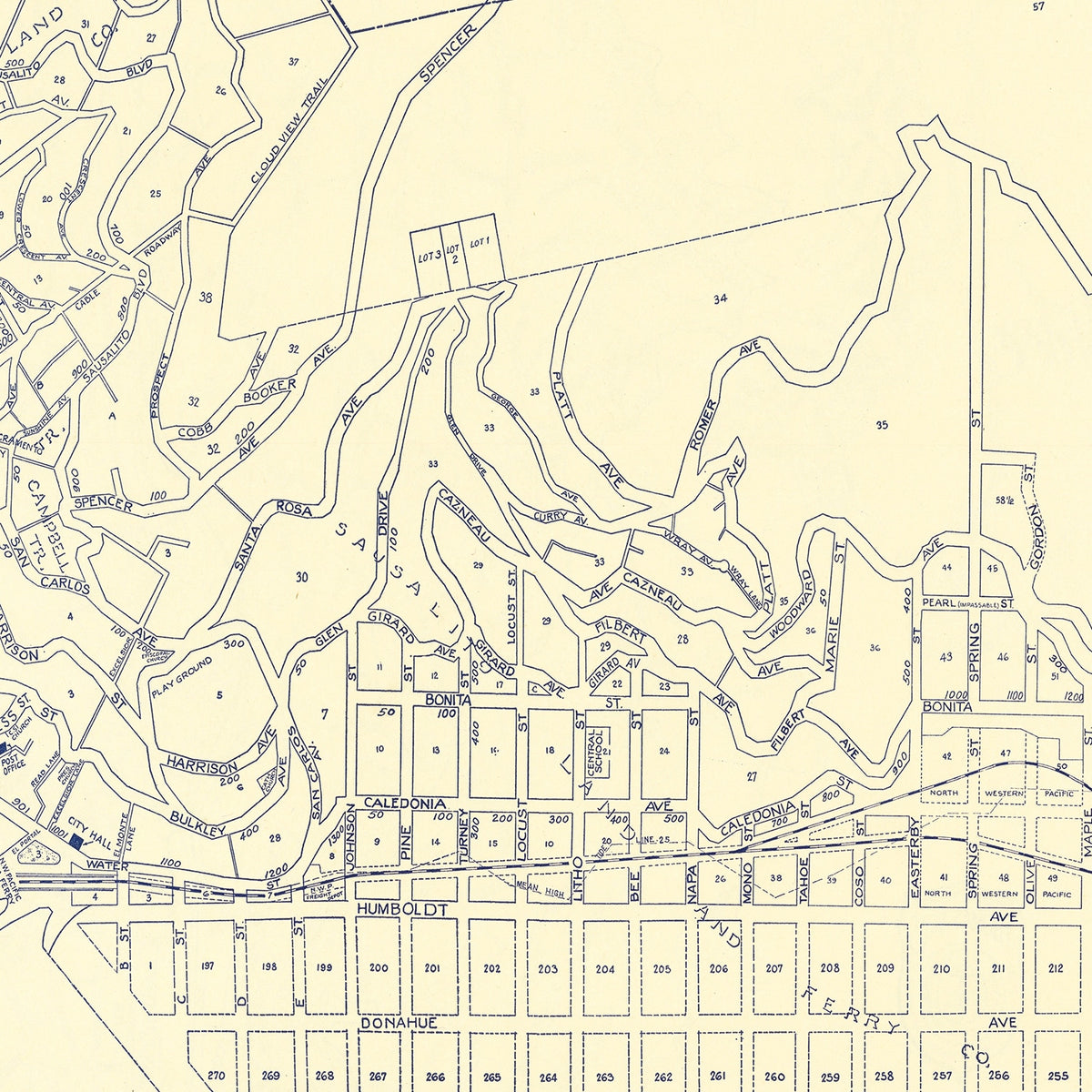 Restored historic details from the 1920 city map of Sausalito, California