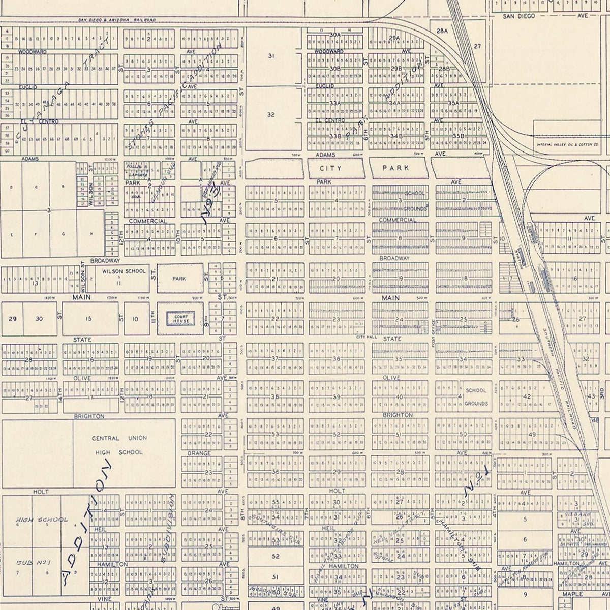 Restored historic details from the 1920 city map of El Centro, California