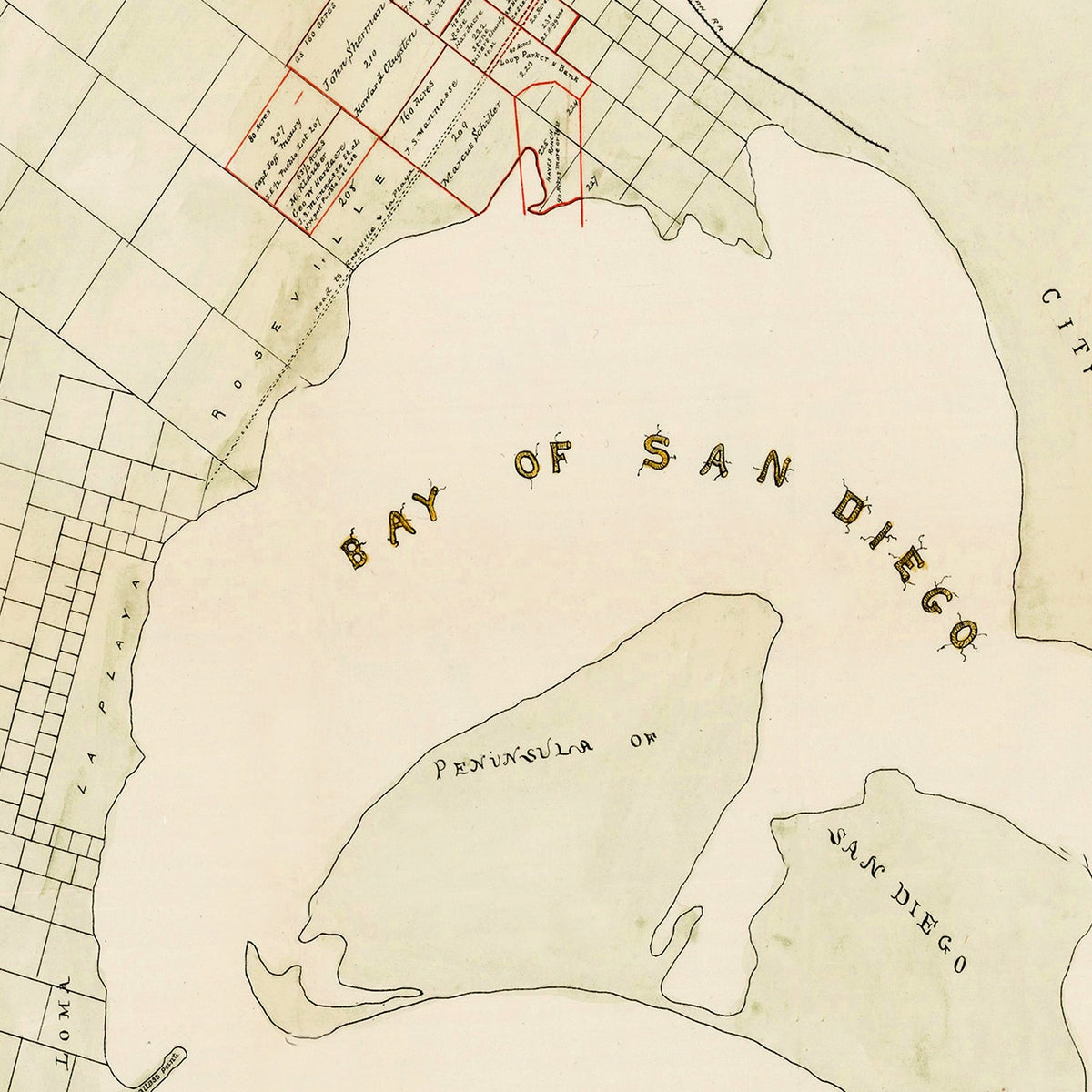 Restored historic details from the 1892 city map of San Diego, California