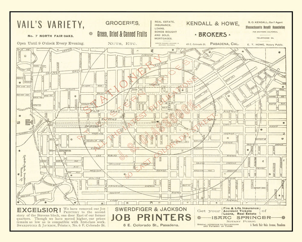 Vintage Map of Pasadena, California 1893 print style example
