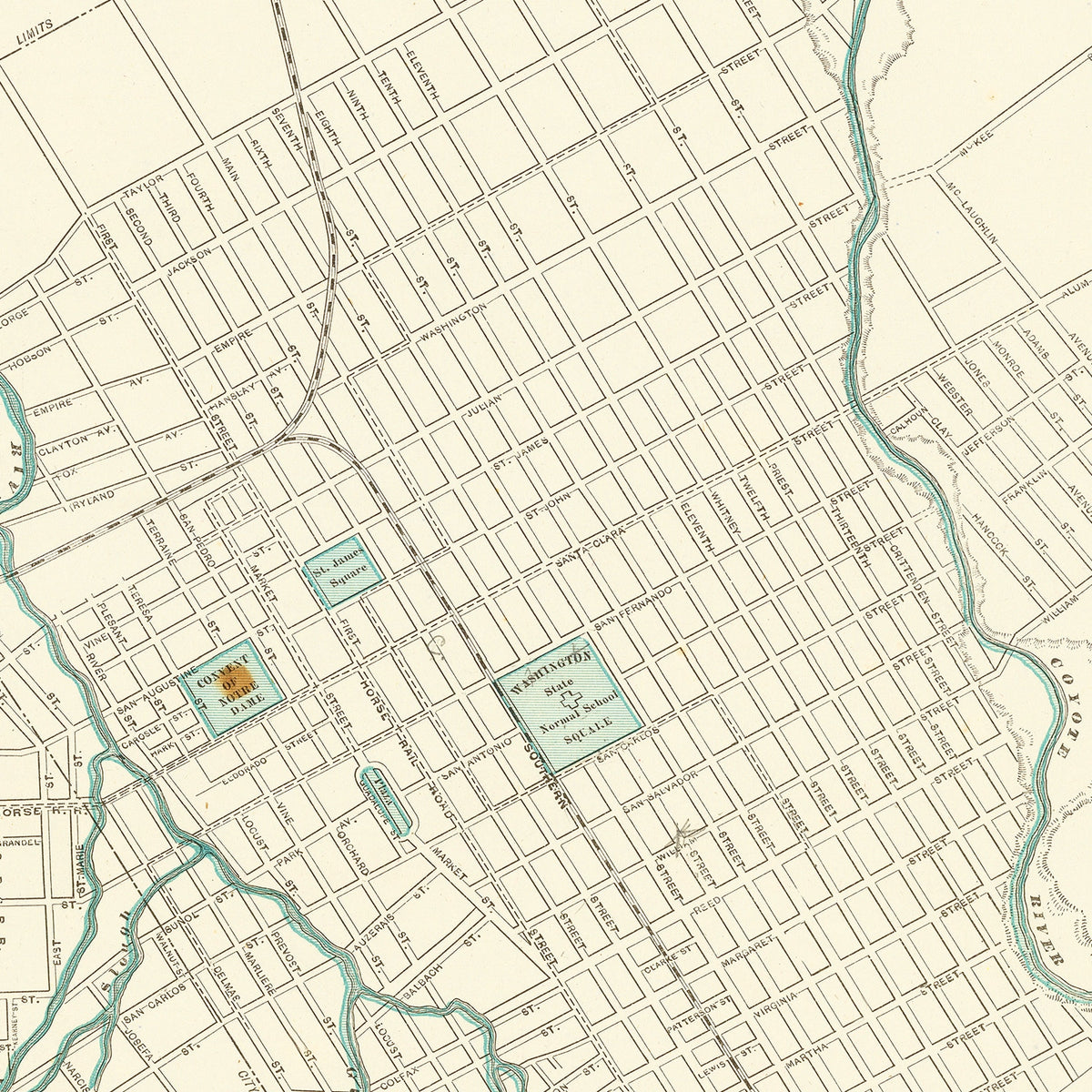 Restored historic details from the 1893 city map of San Jose, California