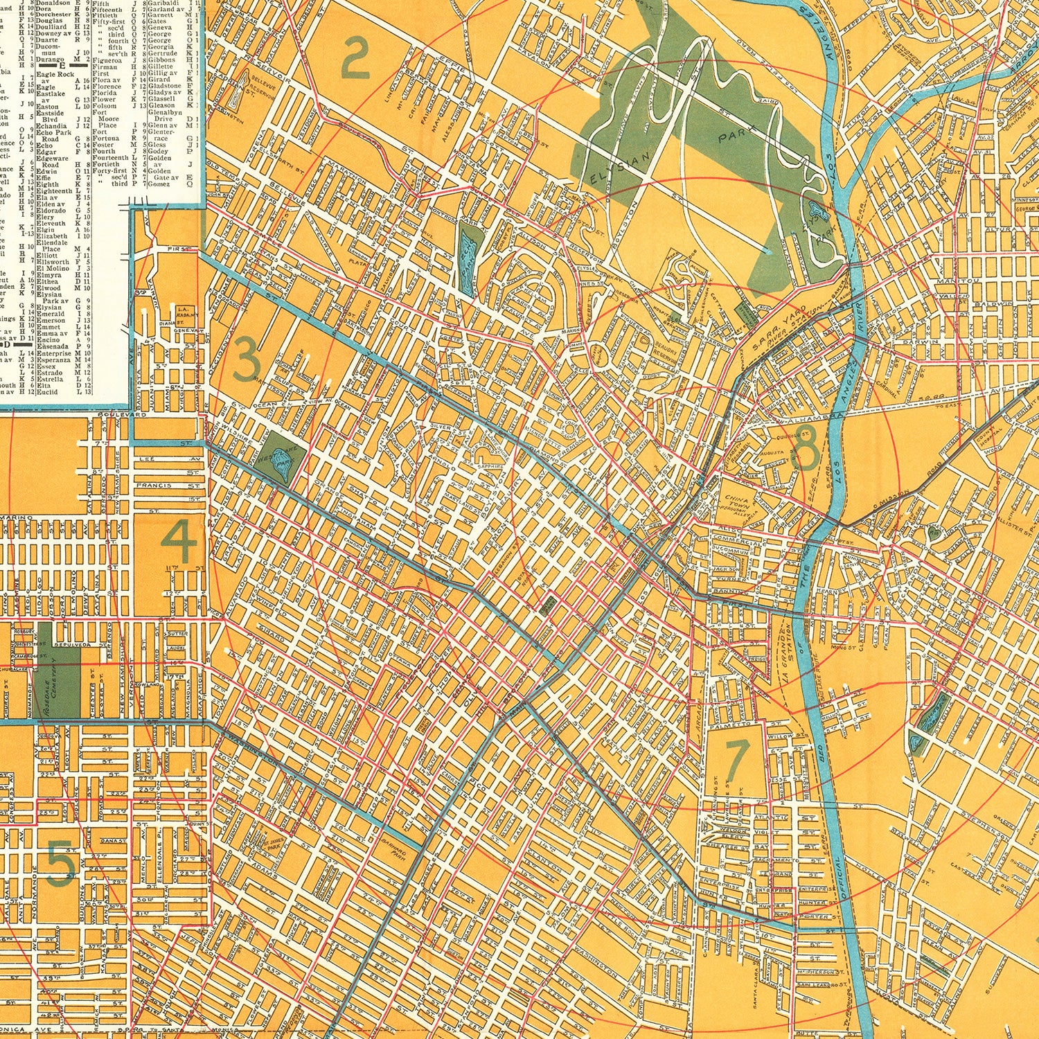 Restored historic details from the 1900 city map of Los Angeles, California