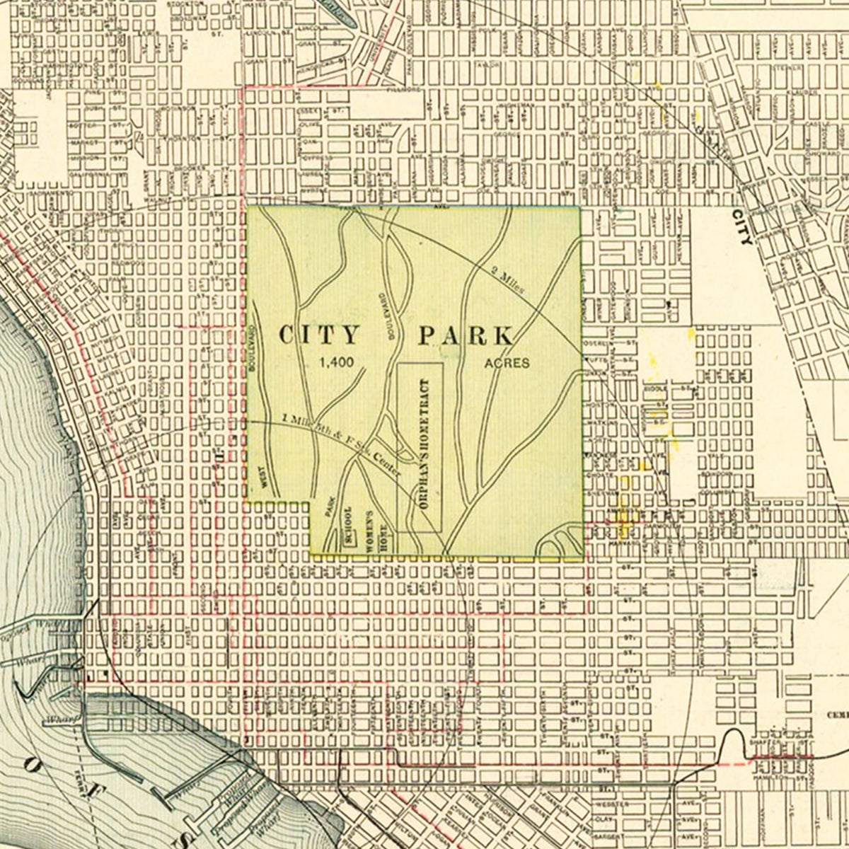 Restored historic details from the 1902 city map of San Diego, California