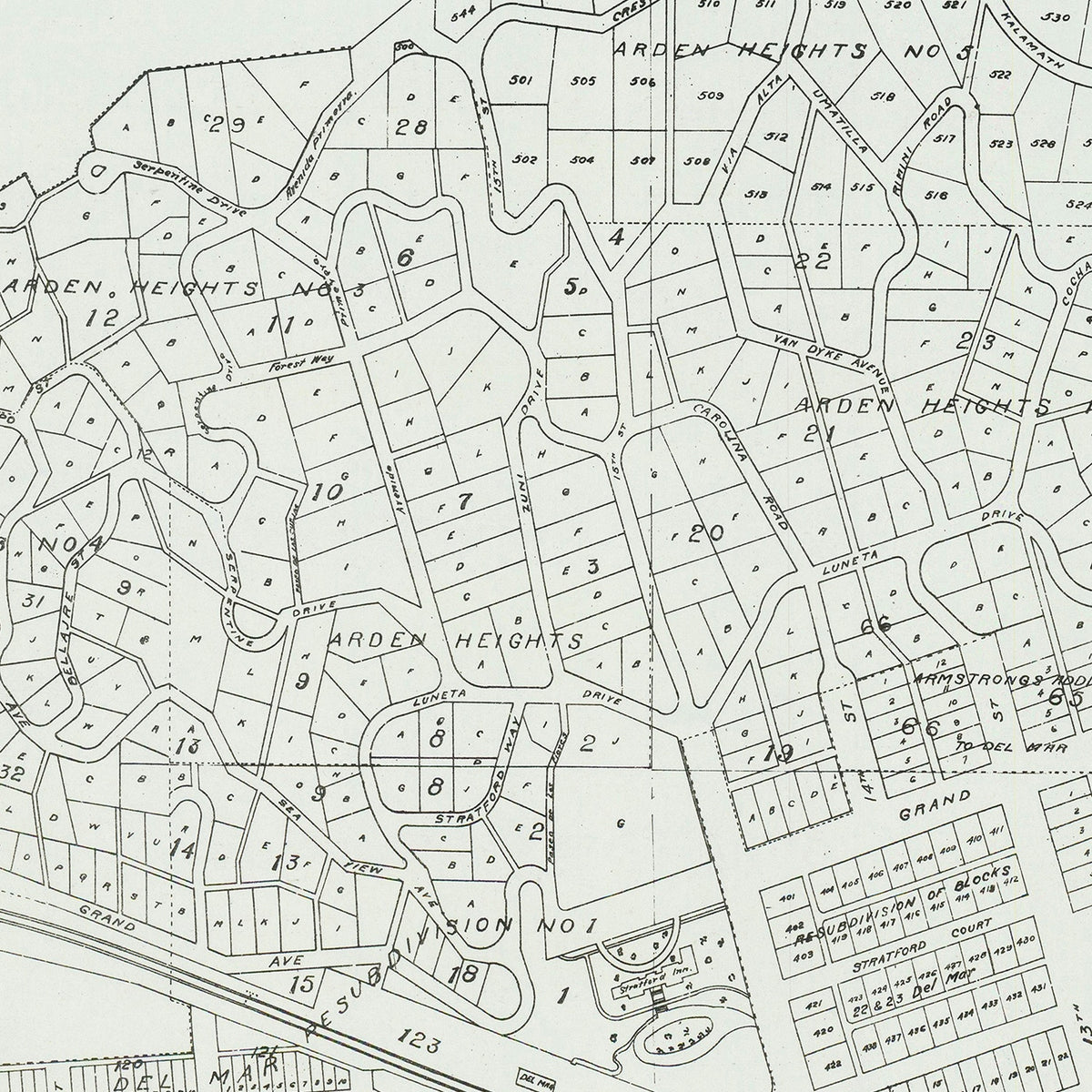 Restored historic details from the 1912 city map of Del Mar, California
