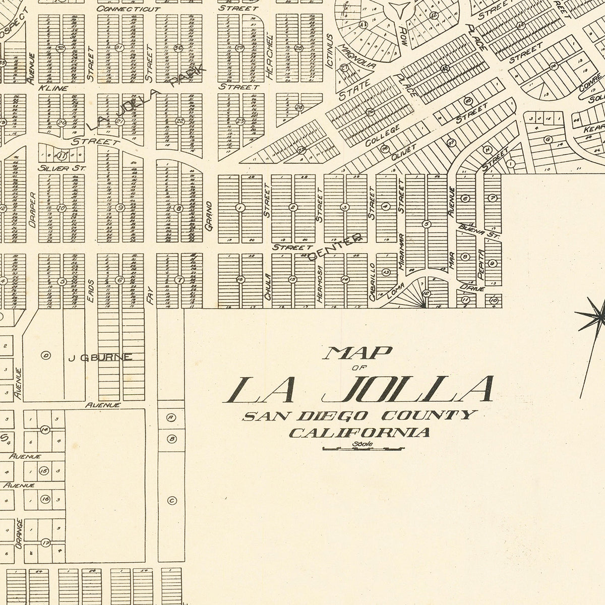 Restored historic details from the 1912 city map of La Jolla, California