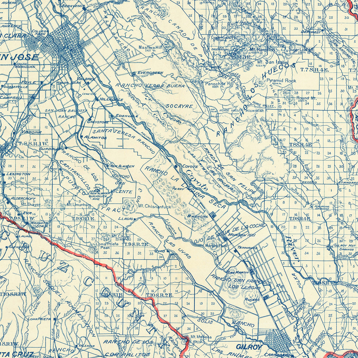 Restored historic details from the 1913 county map of Santa Clara County, California