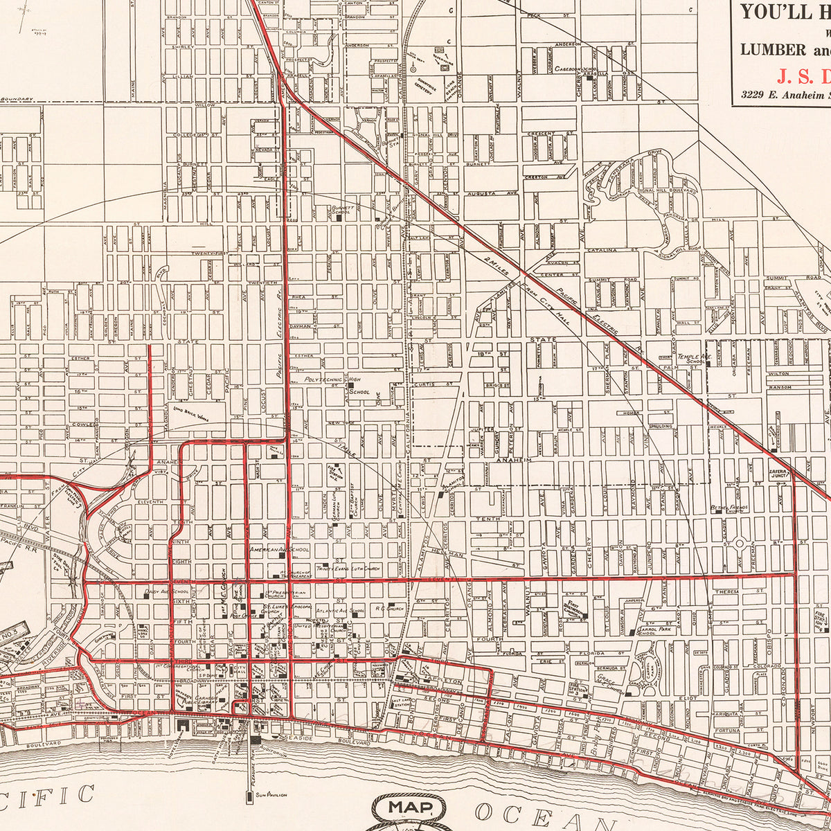 Restored historic details from the 1913 city map of Long Beach, California