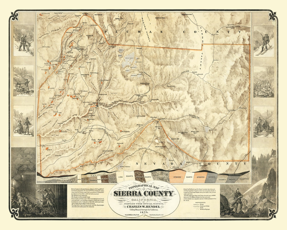 Vintage Map of Sierra County, California 1874 print style example