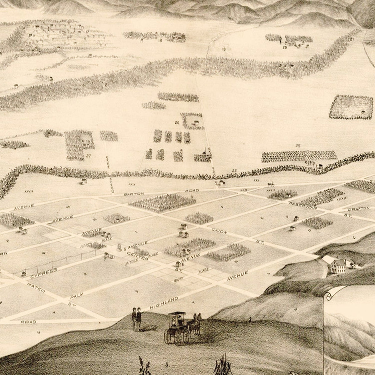 Restored historic details from the 1882 city map of Redlands, California