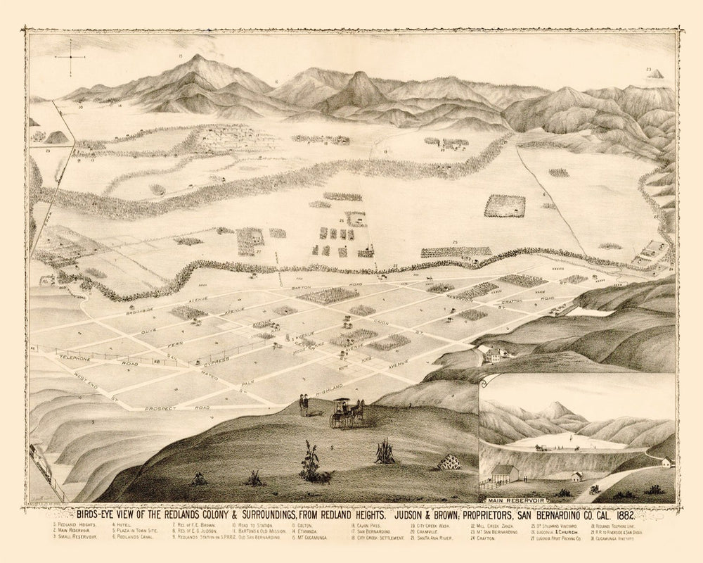 Vintage Map of Redlands, California 1882 print style example