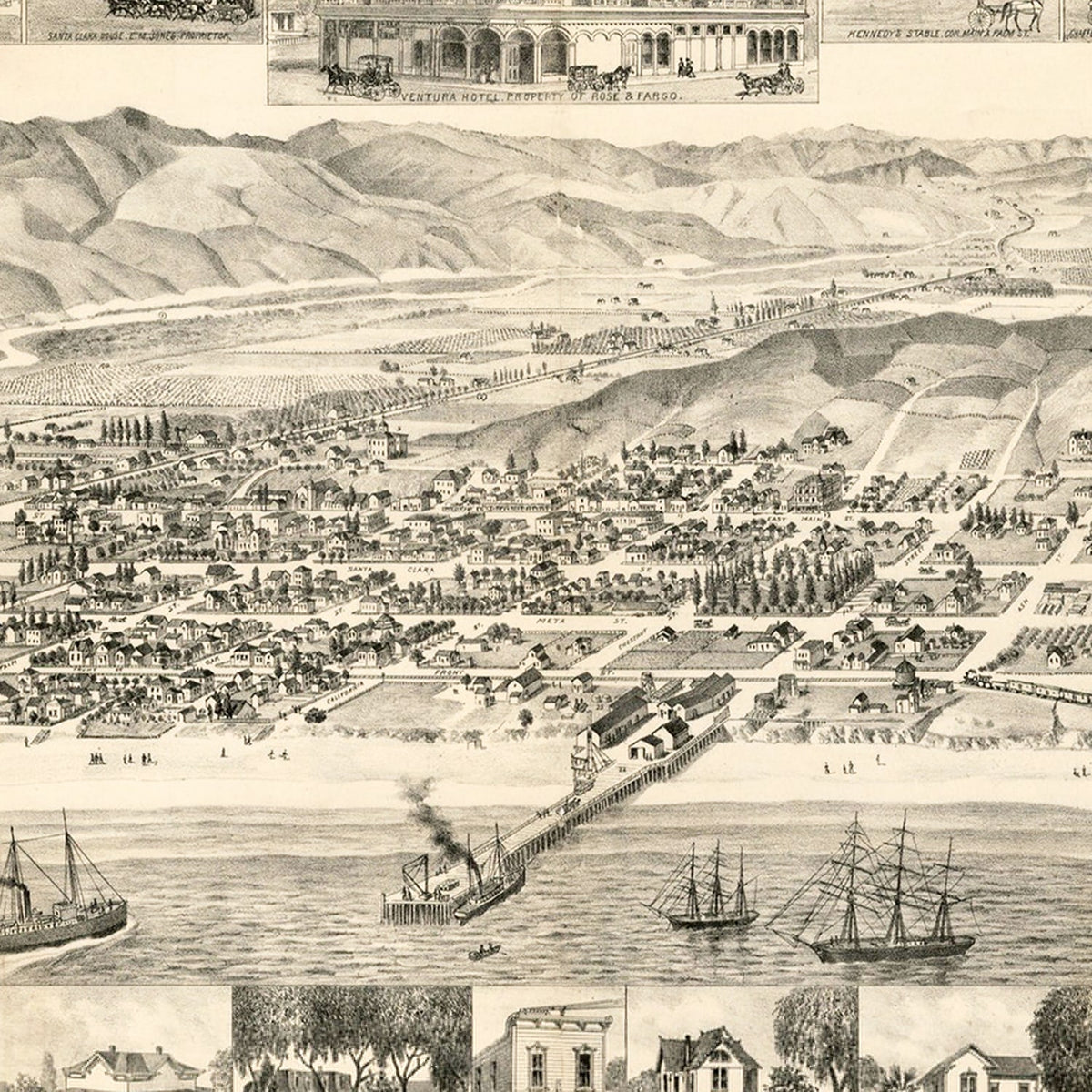 Restored historic details from the 1884 city map of San Buena Ventura, California