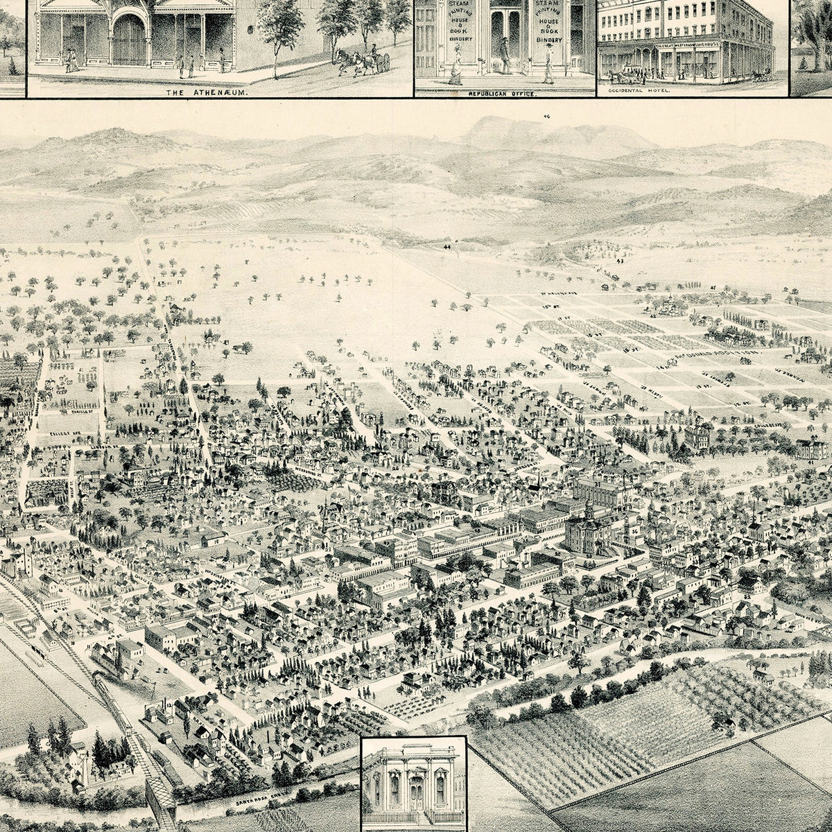 Restored historic details from the 1885 city map of Santa Rosa, California