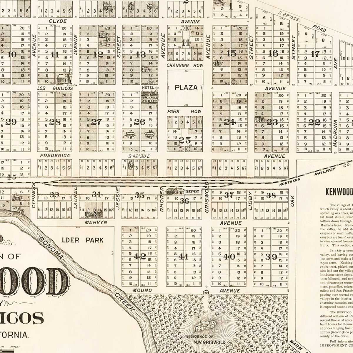 Restored historic details from the 1887 city map of Kenwood, California