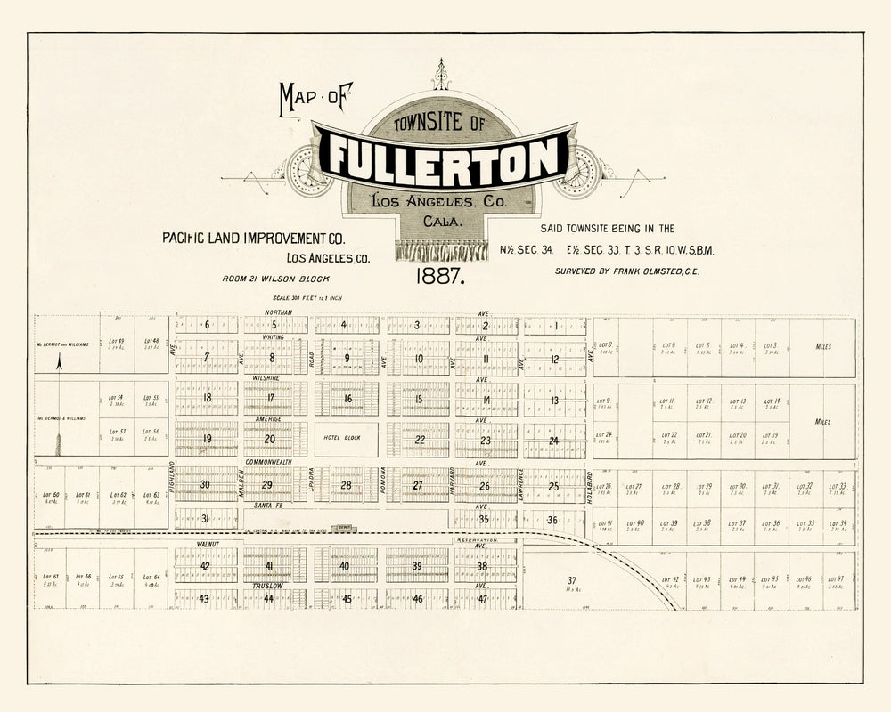 Vintage Map of Fullerton, California 1887 print style example