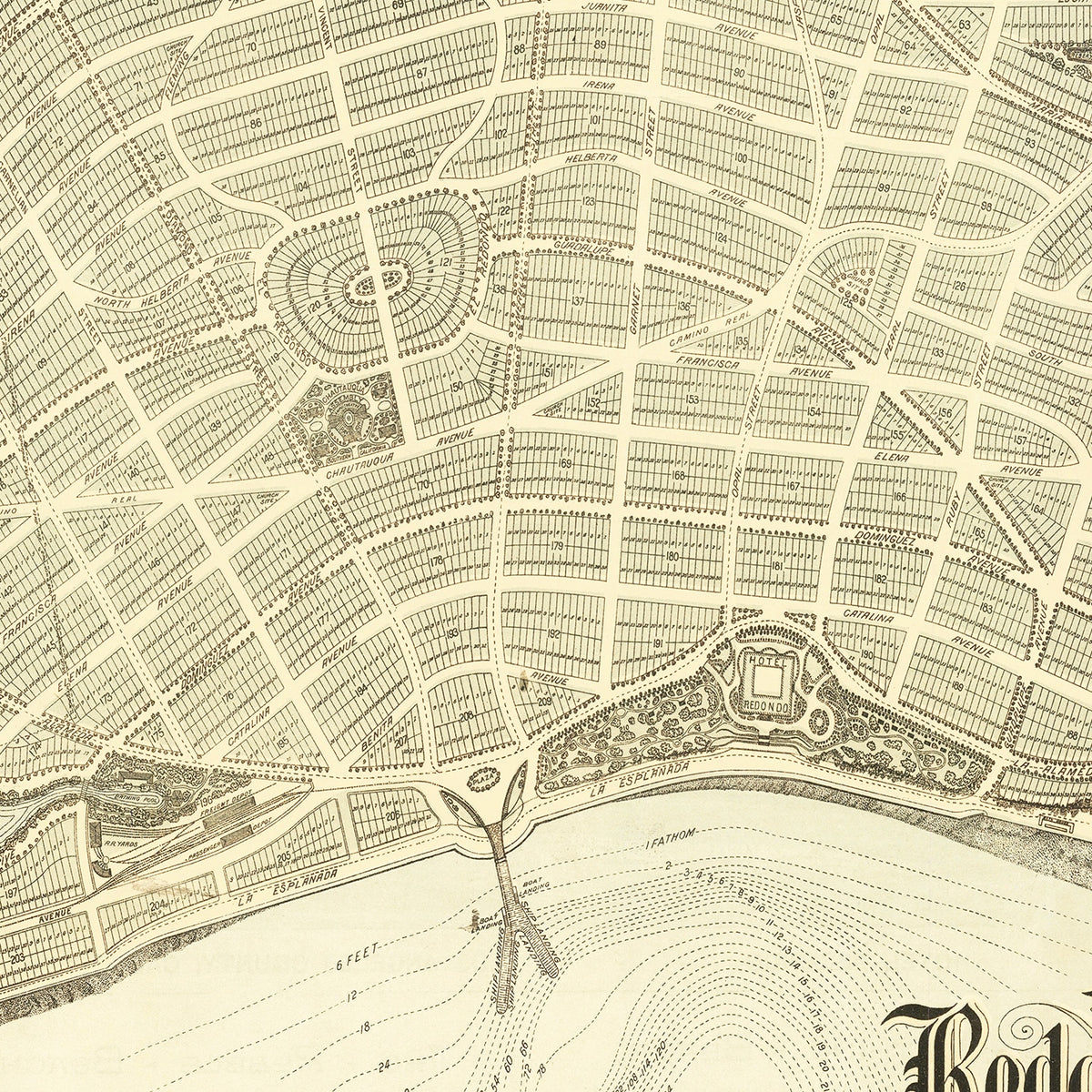 Restored historic details from the 1888 city map of Redondo Beach, California