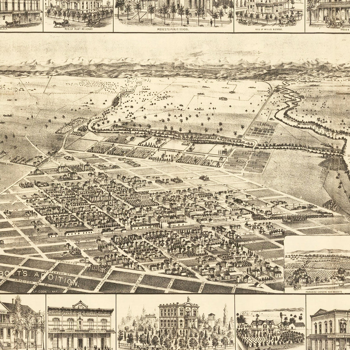 Restored historic details from the 1888 city map of Modesto, California