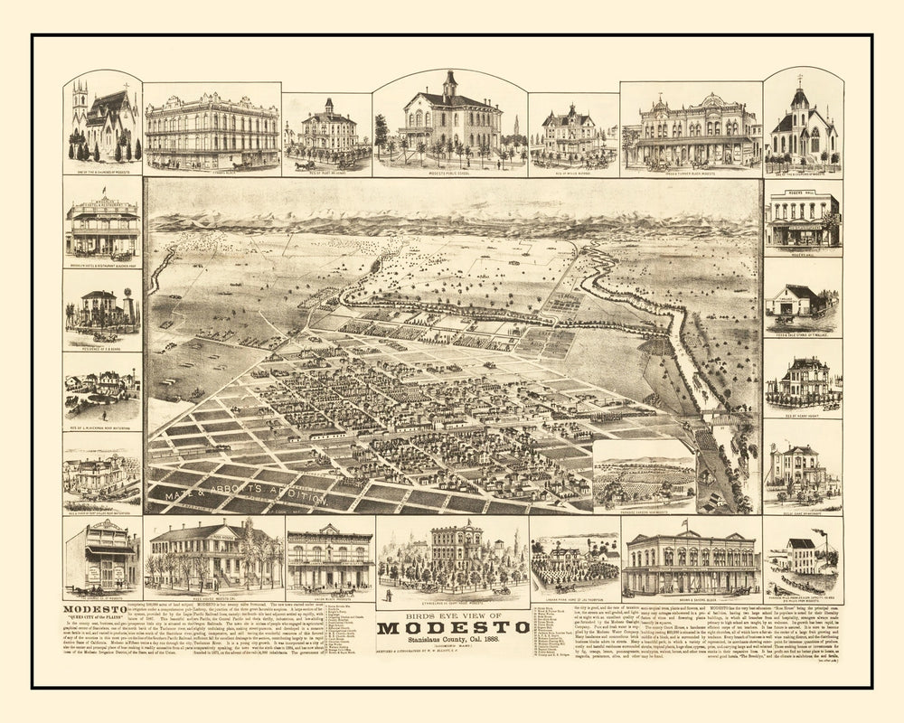 Vintage Map of Modesto, California 1888 print style example