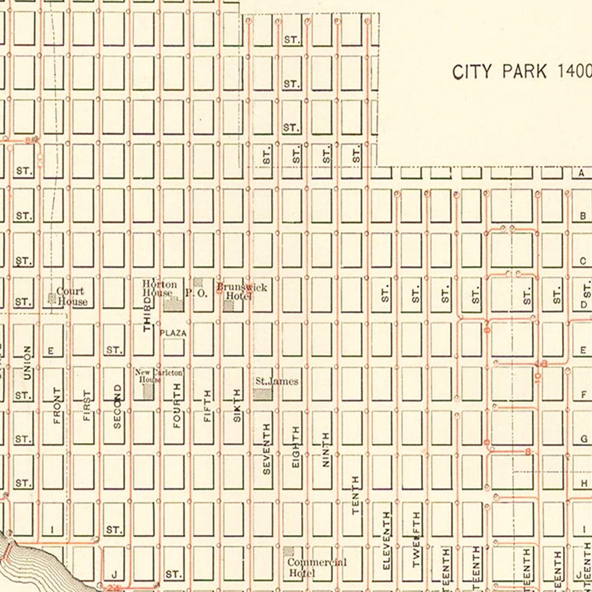 Restored historic details from the 1891 city map of San Diego, California