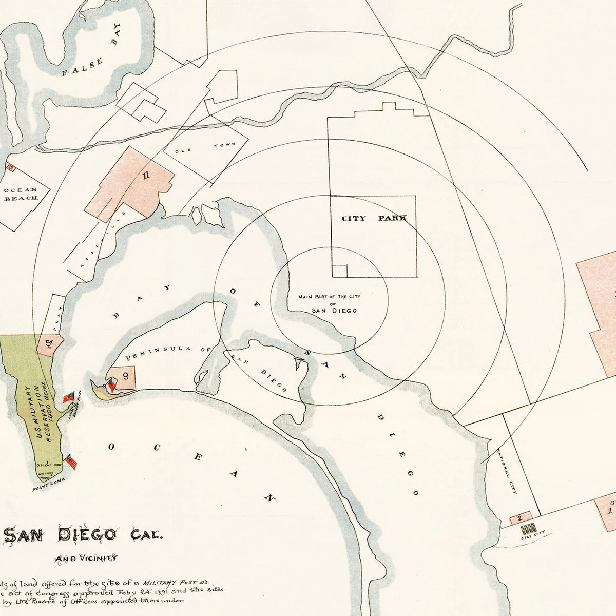 Restored historic details from the 1891 city map of San Diego, California