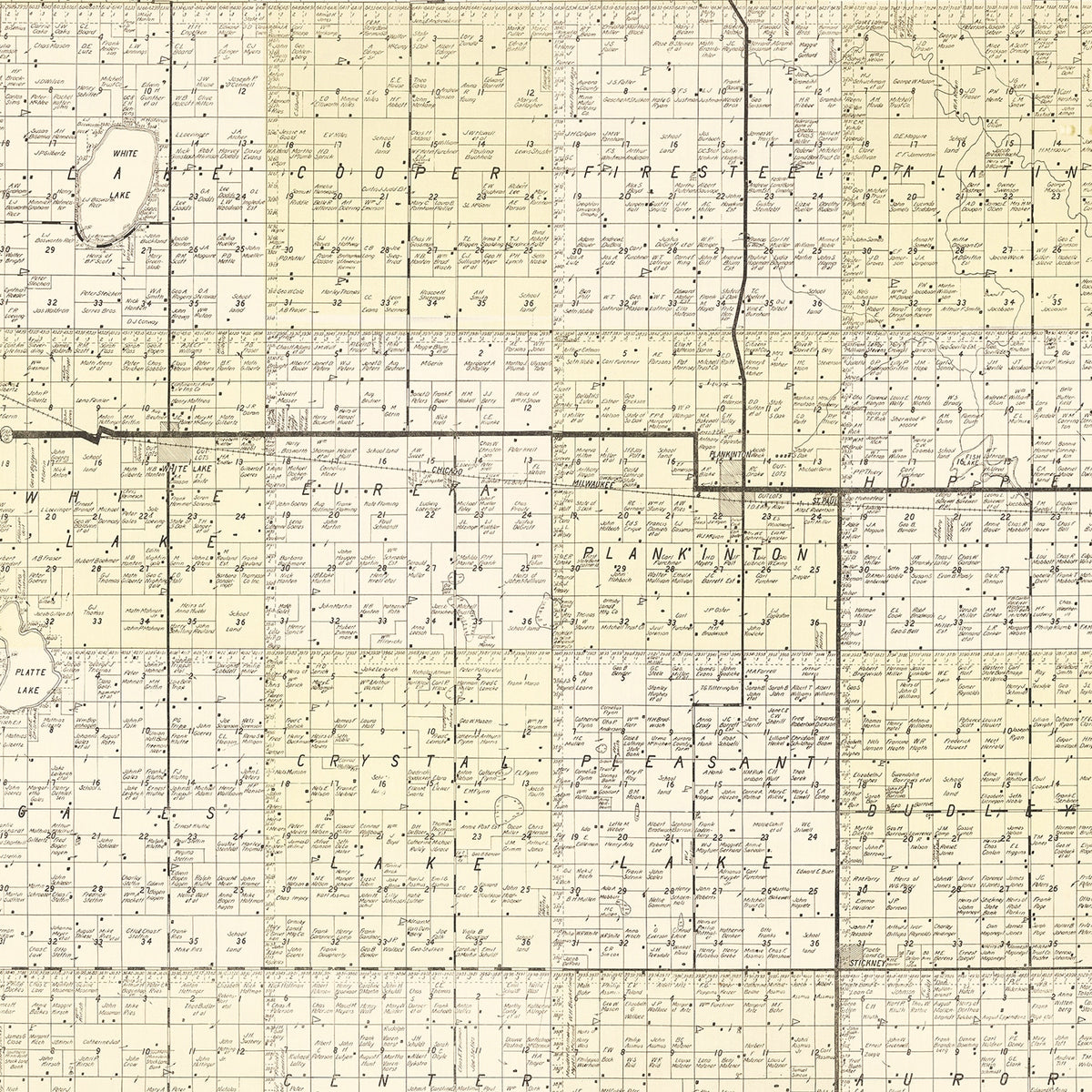 Restored historic details from the 1930 county map of Aurora County, South Dakota