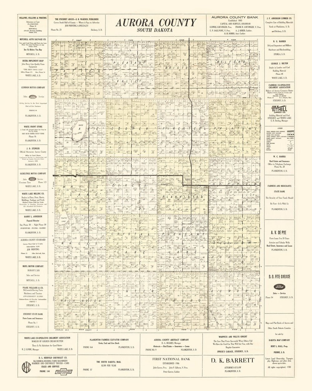 Vintage Map of Aurora County, South Dakota 1930 print style example