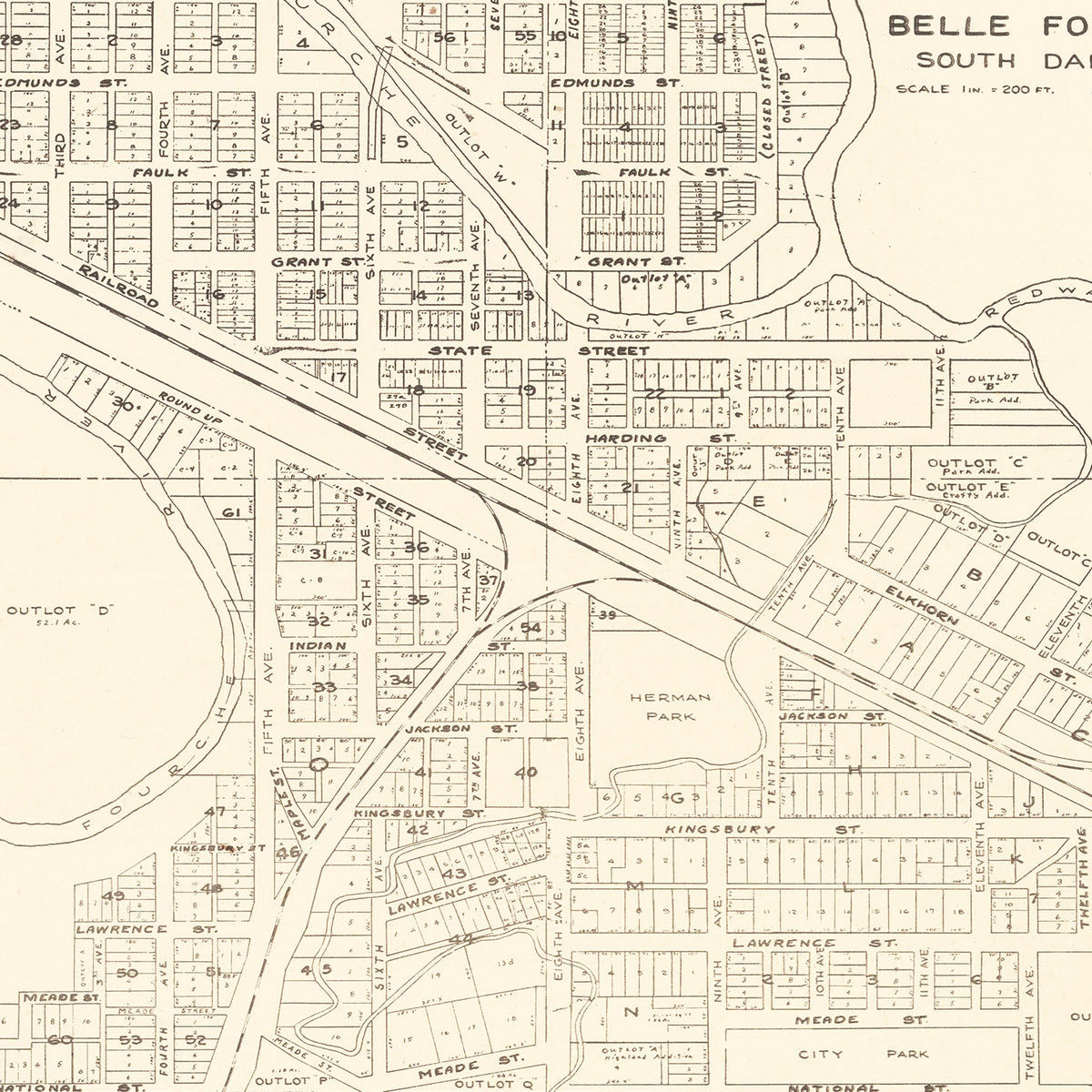 Restored historic details from the 1949 city map of Belle Fourche, South Dakota