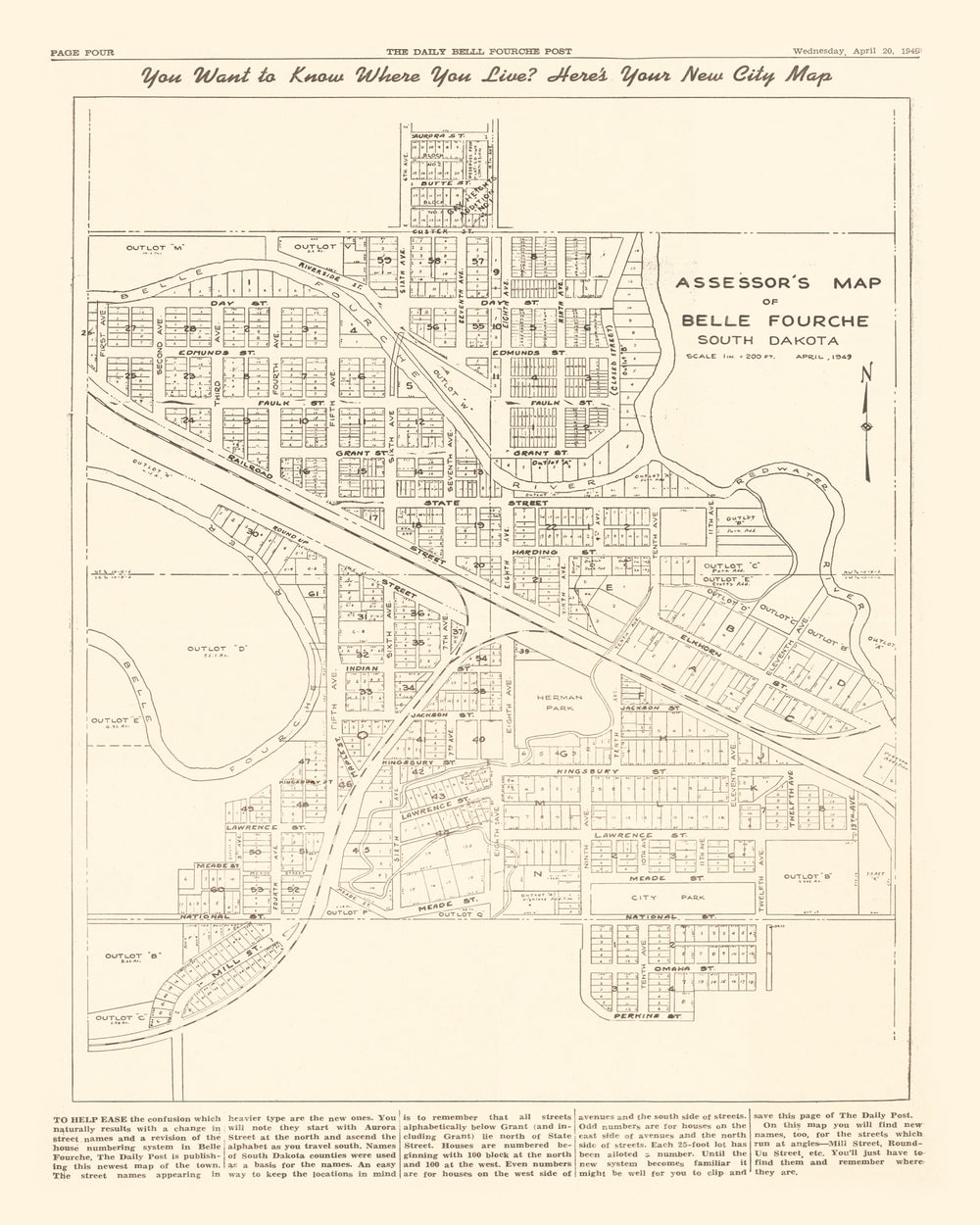 Vintage Map of Belle Fourche, South Dakota 1949 print style example