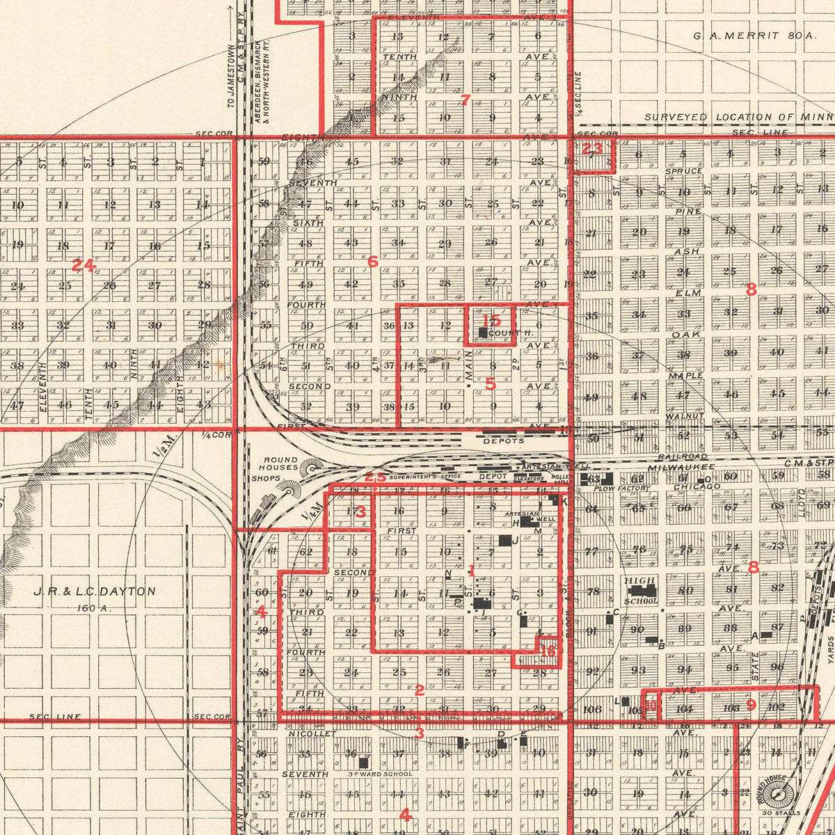 Restored historic details from the 1888 city map of Aberdeen, South Dakota