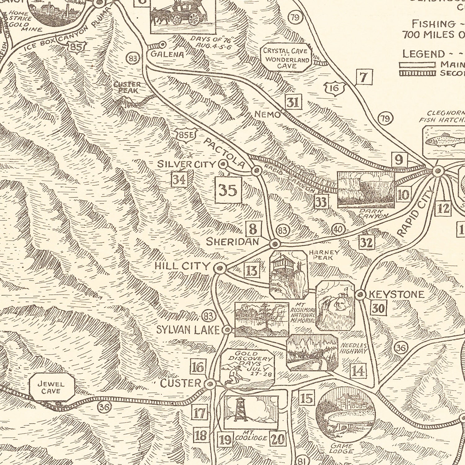 Restored historic details from the 1932 national park map of County, South Dakota