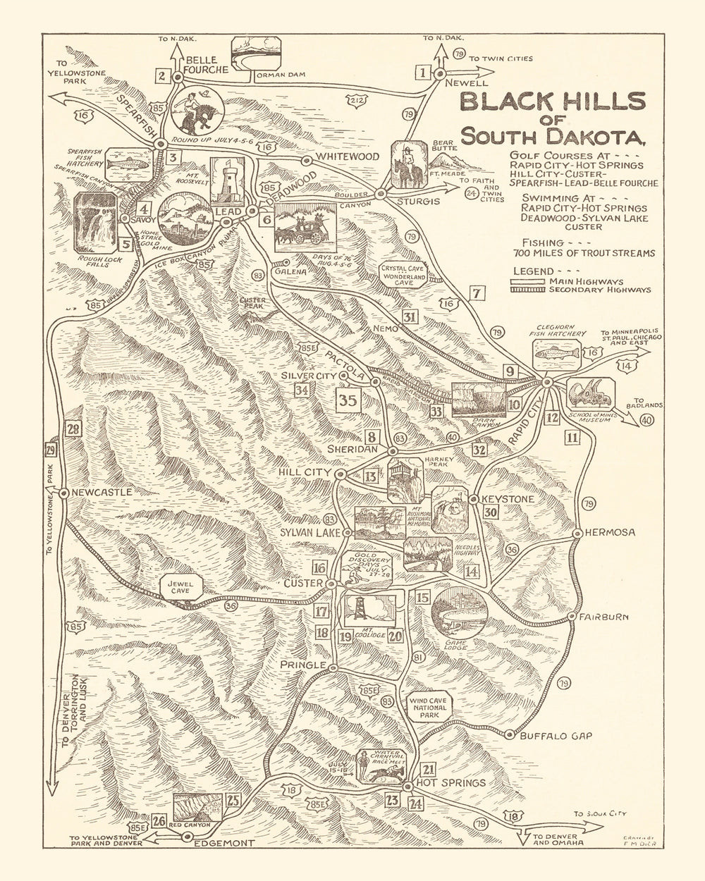 Vintage Black Hills of South Dakota Map 1932 print style example