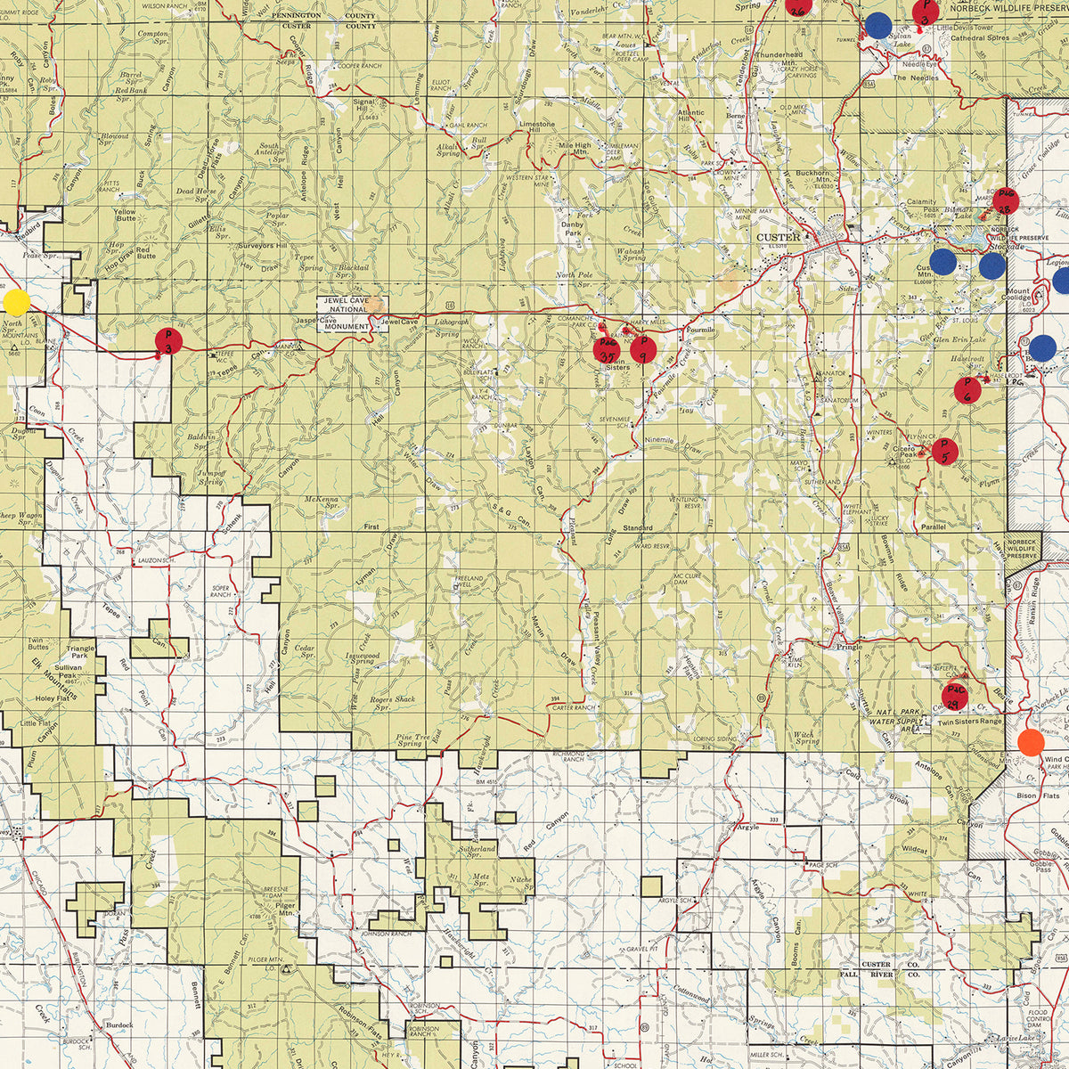Restored historic details from the 1962 national park map of County, South Dakota