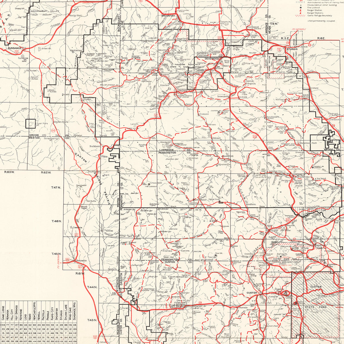 Restored historic details from the 1934 national park map of County, South Dakota