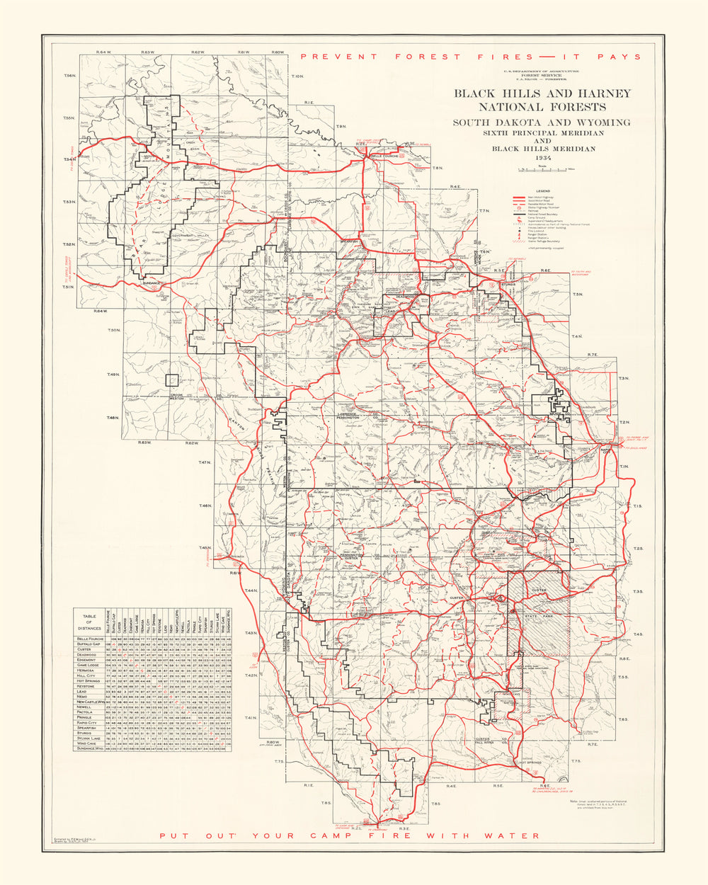 Vintage Black Hills & Harney National Forest Map 1934 print style example