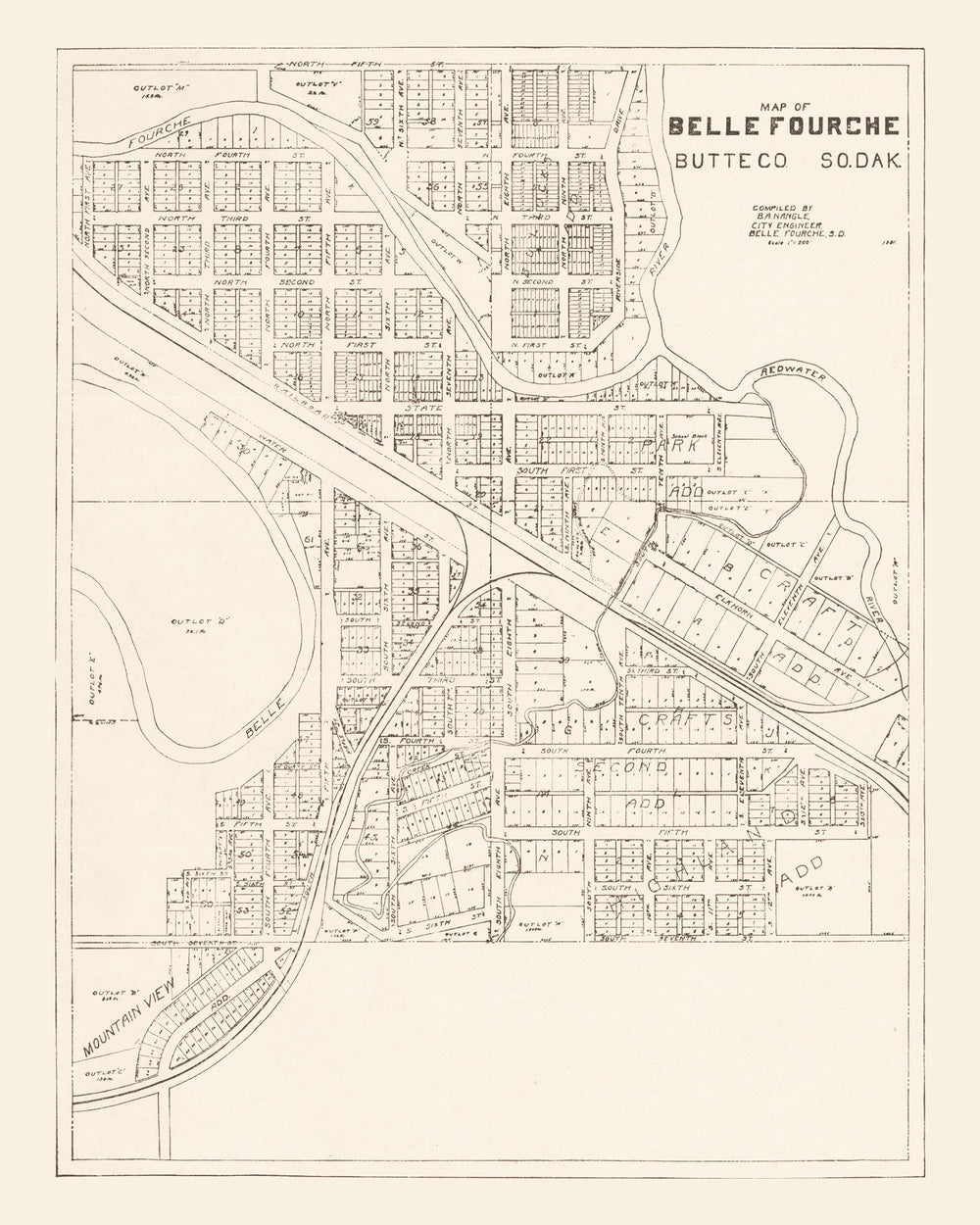 Vintage Map of Belle Fourche, South Dakota 1949 print style example